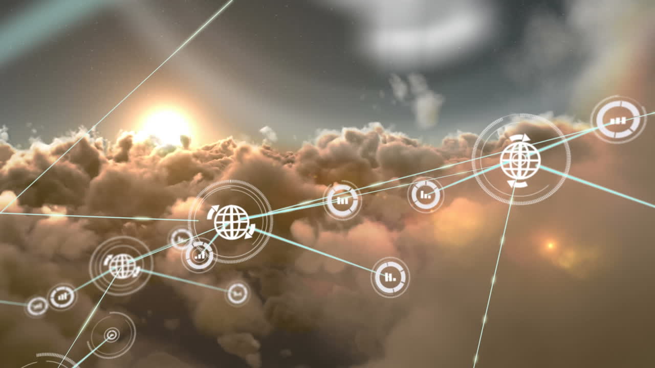 animación de redes de conexiones con iconos en el cielo