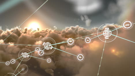 animación de redes de conexiones con iconos en el cielo