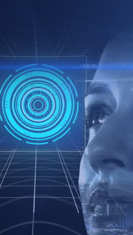 Animation of data processing and caucasian woman over cityscape