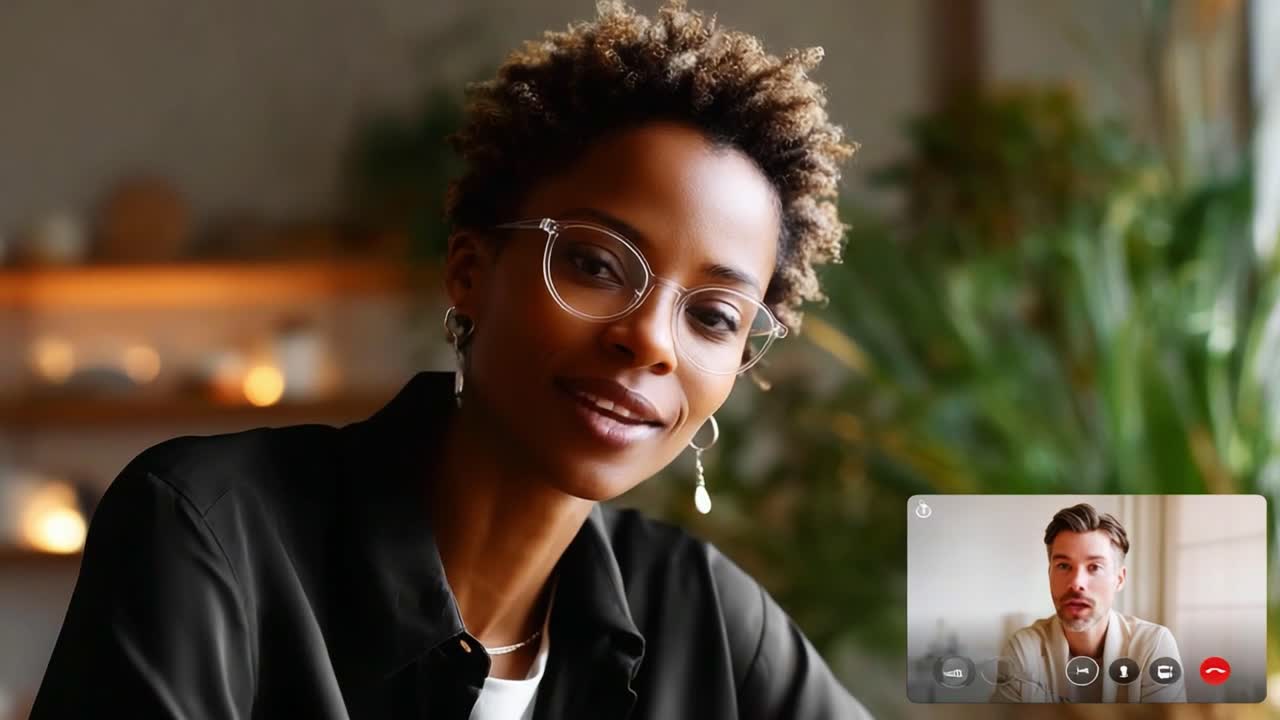 Intimate Virtual Conversation: A Captivating Video Call Between Two Engaging Individuals in a Comfortable Setting with Natural Light and Lush Greenery in the Background