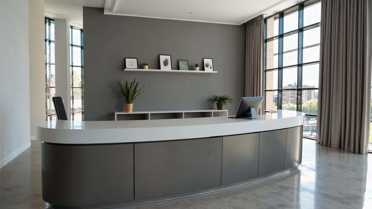 Wide-angle shot of a modern, minimalist reception area with large windows, sleek desk, and decor