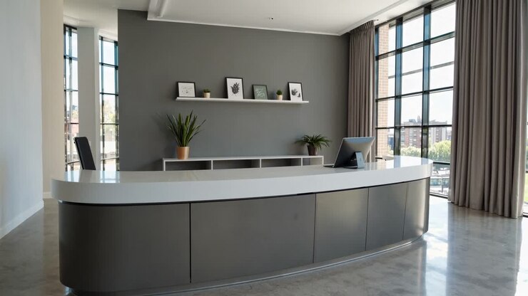 Foto grandangolare di una reception moderna e minimalista con grandi finestre, scrivania elegante e decorazioni