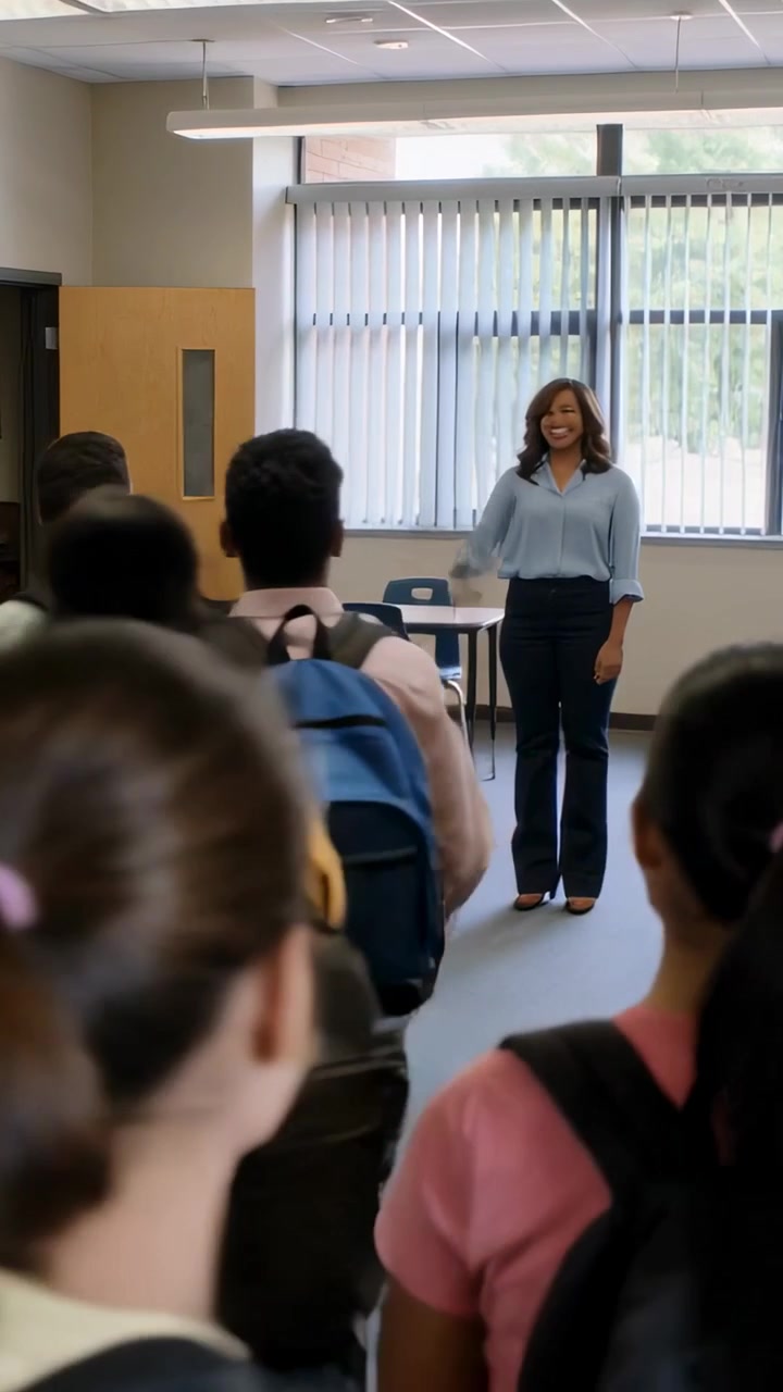 Vídeo vertical: Alunos caminhando entrando na sala de aula por uma porta aberta, professora de blusa azul acenando, mochilas.