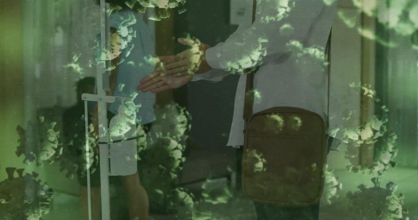 Person Using Hand Sanitizer with Coronavirus Overlay