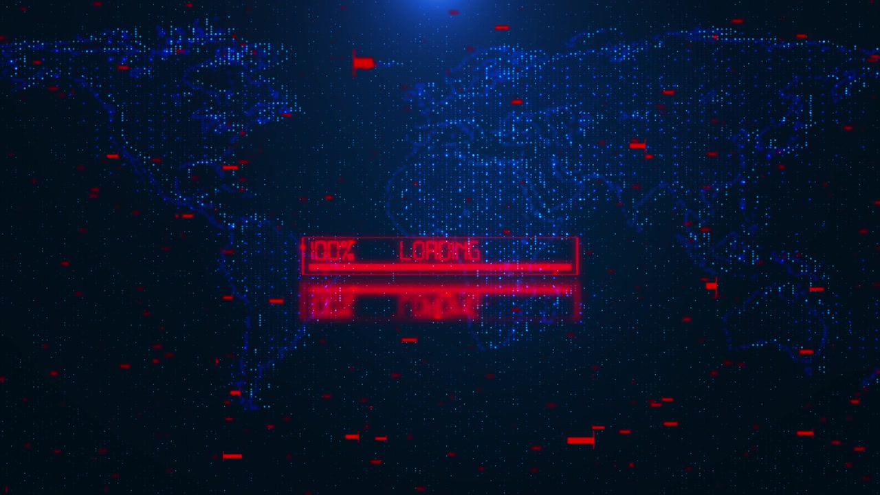 Global loading progress cyber visual red status bar dotted world map blue digital noise software