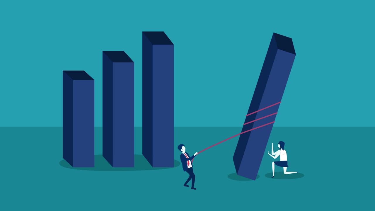 Two business people building growth finance chart