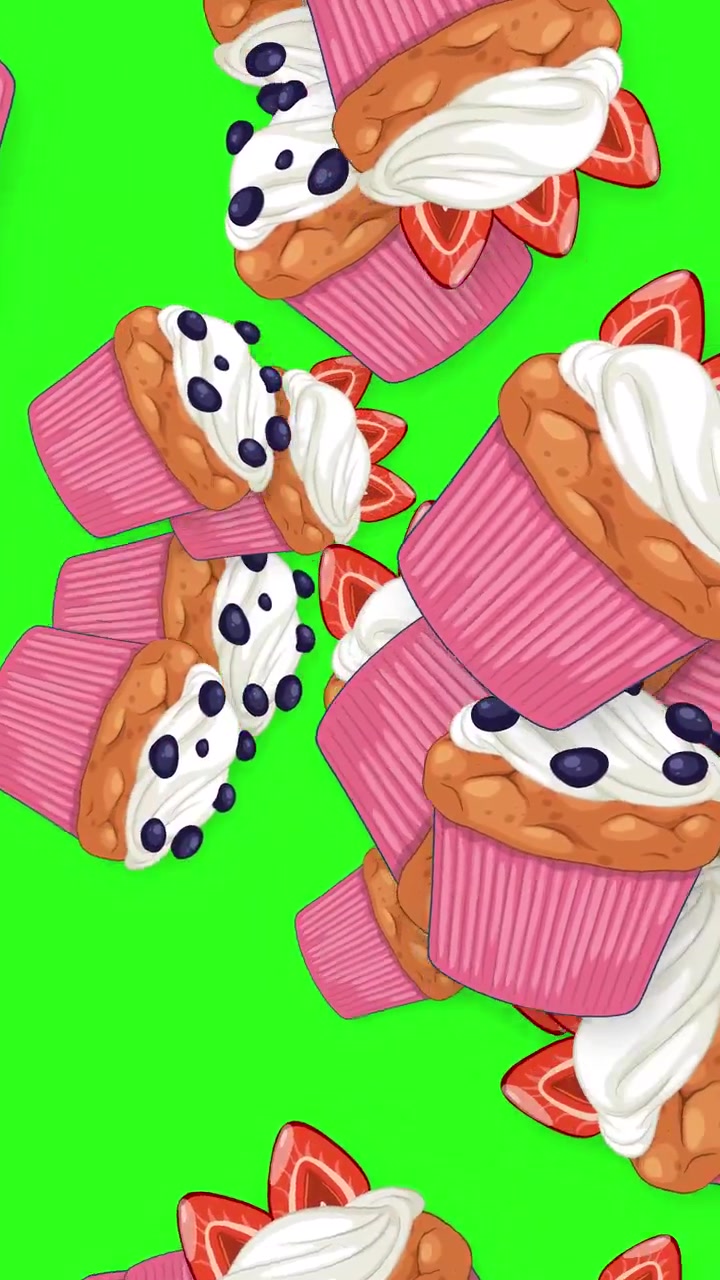 Muffins ilustrados coloridos com mirtilos e morangos caindo contra um fundo de tela verde brilhante