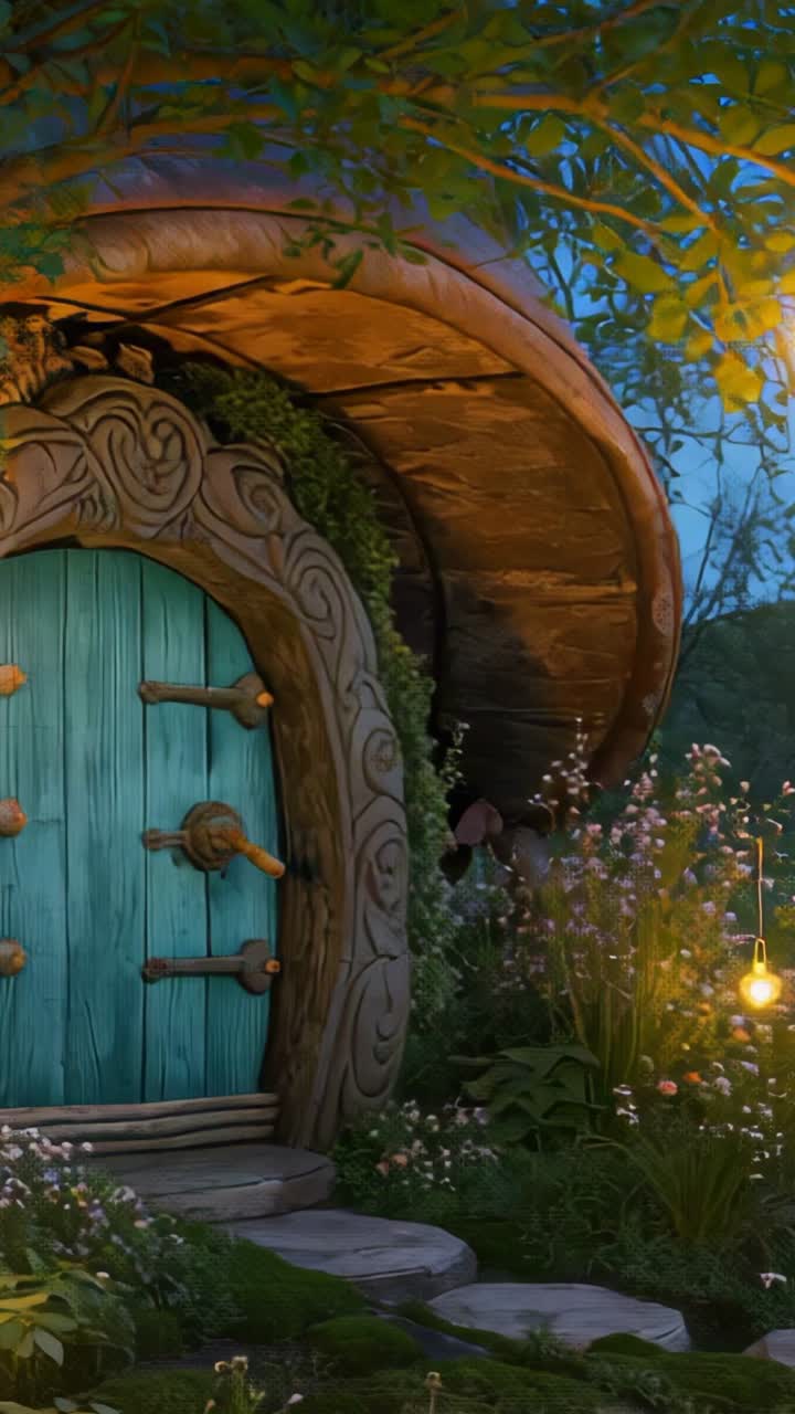 Vertical video: Darkening sky dimming light, lantern flickering and blooms glowing at cottage door