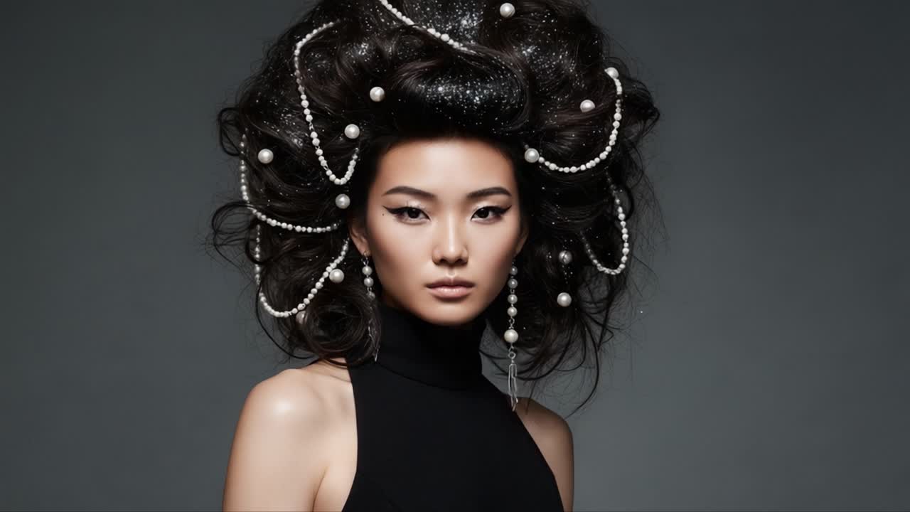 Stunning Fashion Portrait of a Model with Elaborate Hair Design Adorned with Pearls and Intricate Styling That Captivates the Essence of Modern Beauty