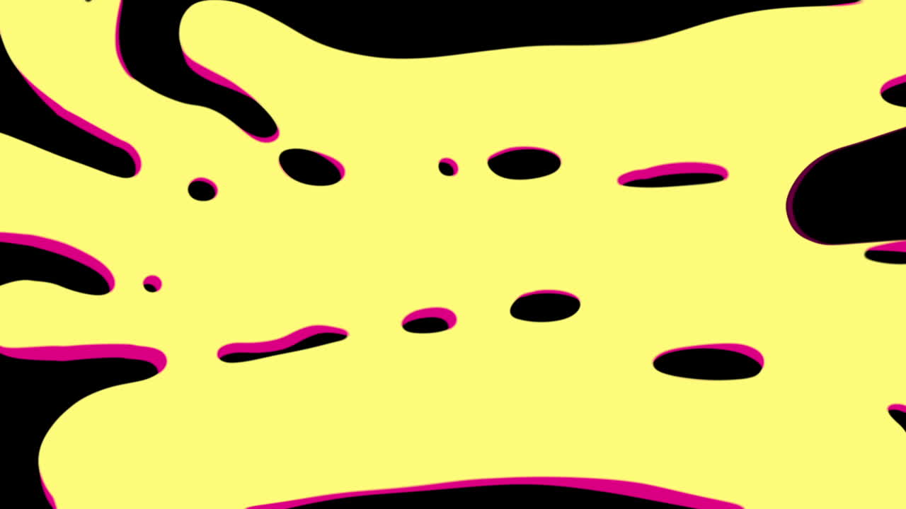 Abstract Black Liquid Shapes Flowing on Yellow Background with Pink Splatters