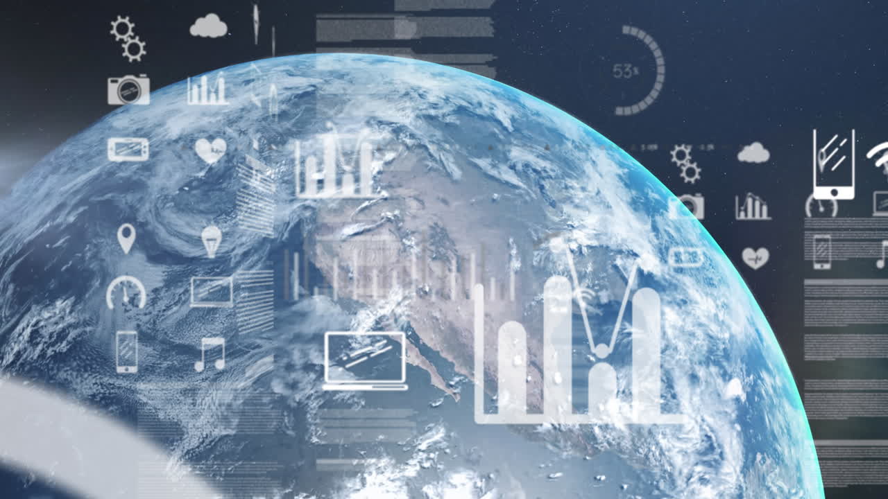 파란색 배경에 전 세계 디지털 온라인 아이콘의 애니메이션