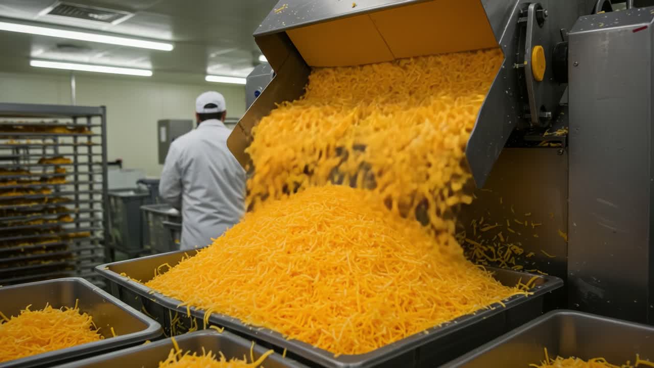 Industrial Production of Shredded Cheese: A Process Overview Showing Shredded Cheddar Cheese Flowing from a Machine into Large Bins in a Food Processing Plant