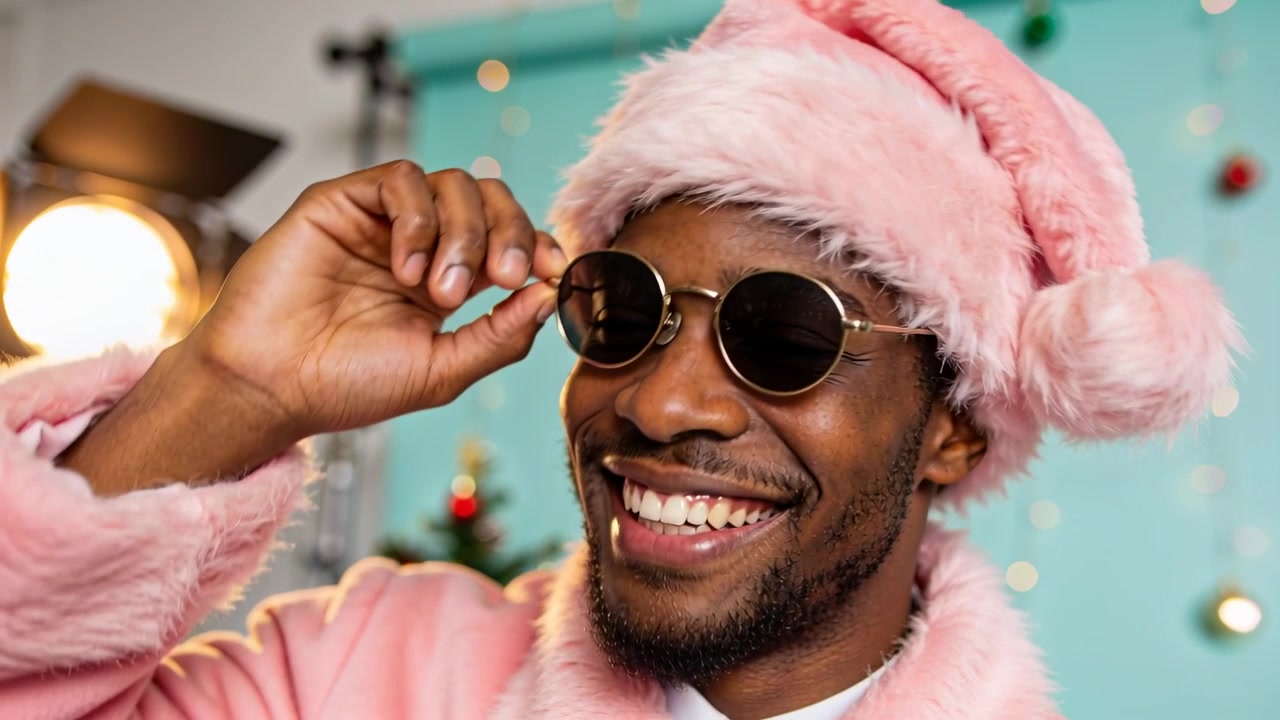 Camera filming model adjusting sunglasses in studio in pink Santa hat and coat for holiday pose