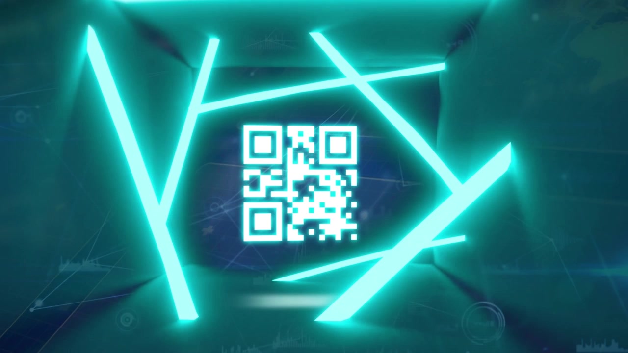 Digital animation of glowing neon qr code against glowing neon qr code on neon blue neon qr code