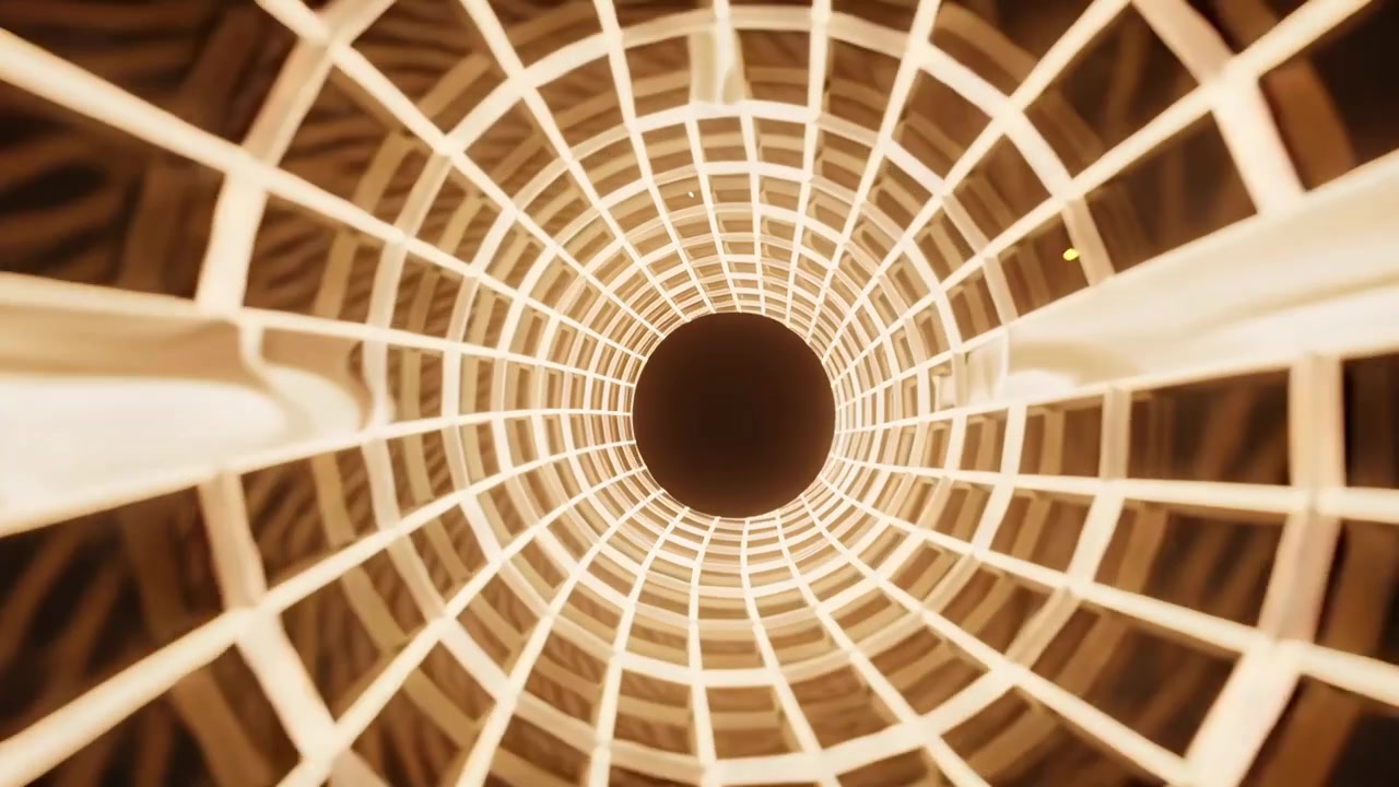 Camera motion driving lattice tightening toward dark core inside shaft with light bands, amber dust