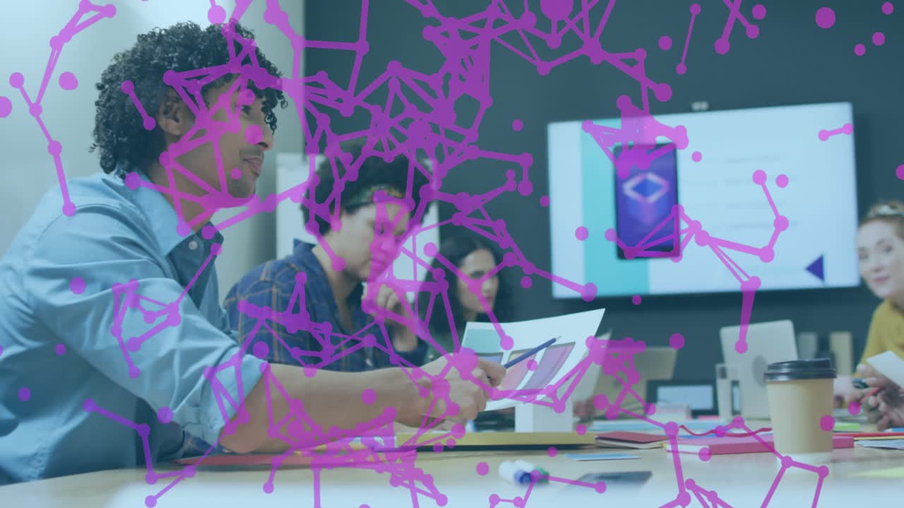 Animation of network of connections and data processing over business people in office