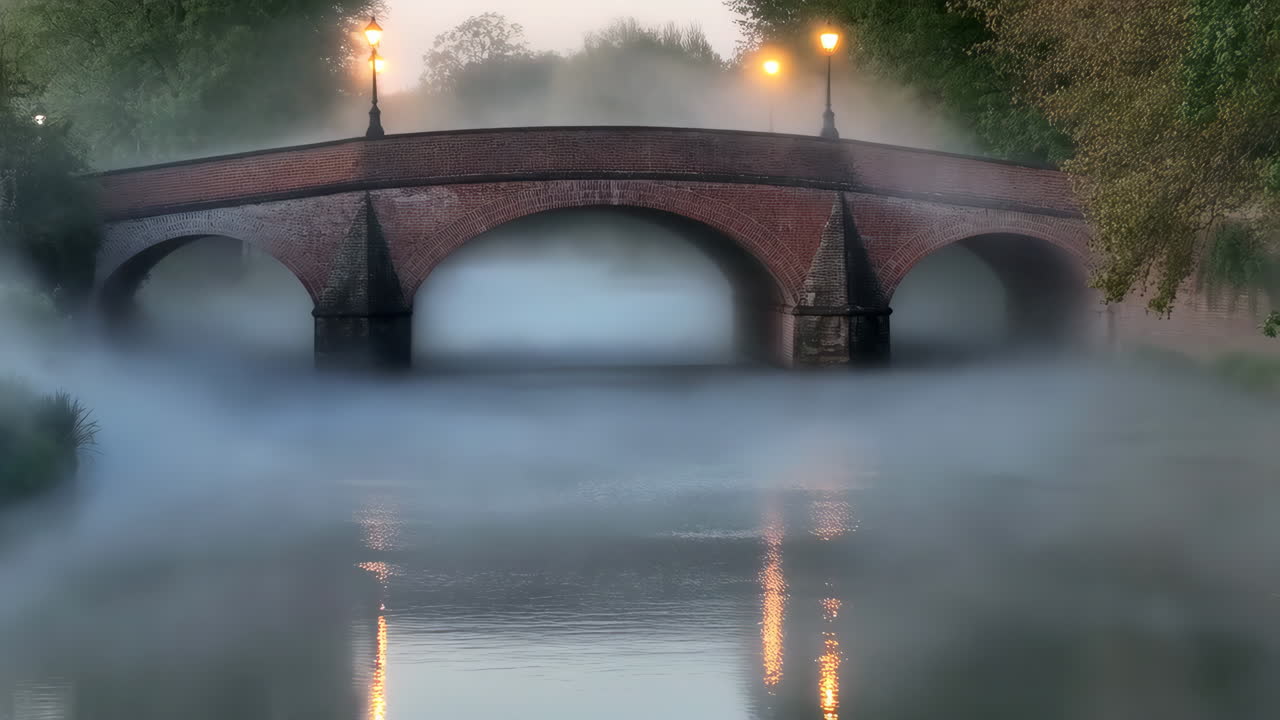 Misty Brick Bridge with Lantern Reflections