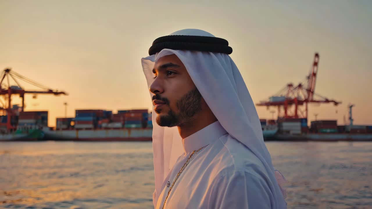 Arab man in traditional clothing at a port during sunset