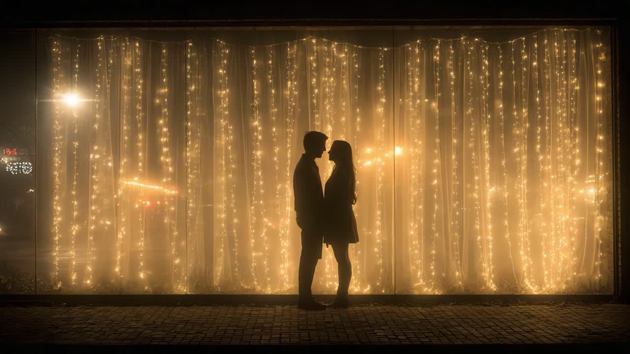 A Romantic Evening Silhouette: A Couple Embraces in Front of a Twinkling Curtain of Lights, Capturing the Magic of Love Under a Dreamy Glow