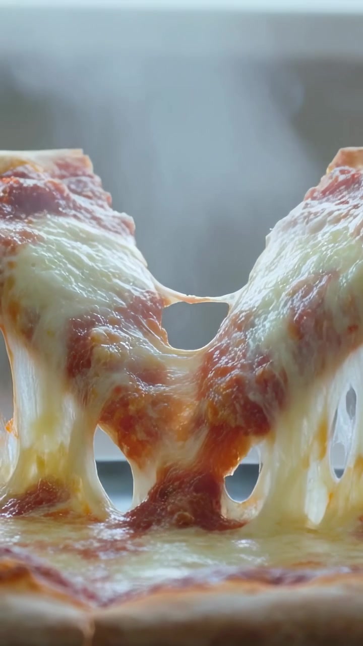 Video verticale: Mano che solleva e afferra la crosta, tirando una fetta di pizza al bancone, allungando la mozzarella