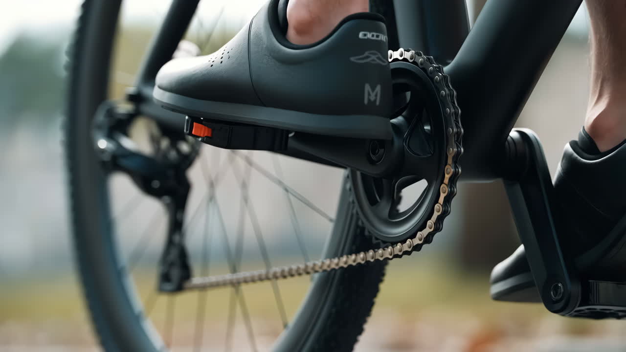 Close-up of a person's foot on a bicycle pedal with chain and gear