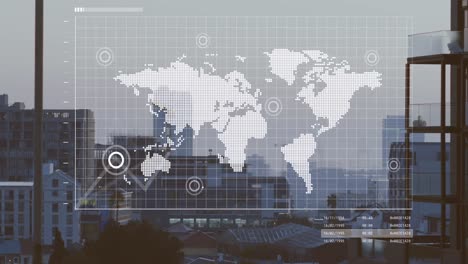 Animación-Del-Procesamiento-De-Datos-Sobre-El-Mapa-Mundial-Contra-La-Vista-Aérea-Del-Paisaje-Urbano