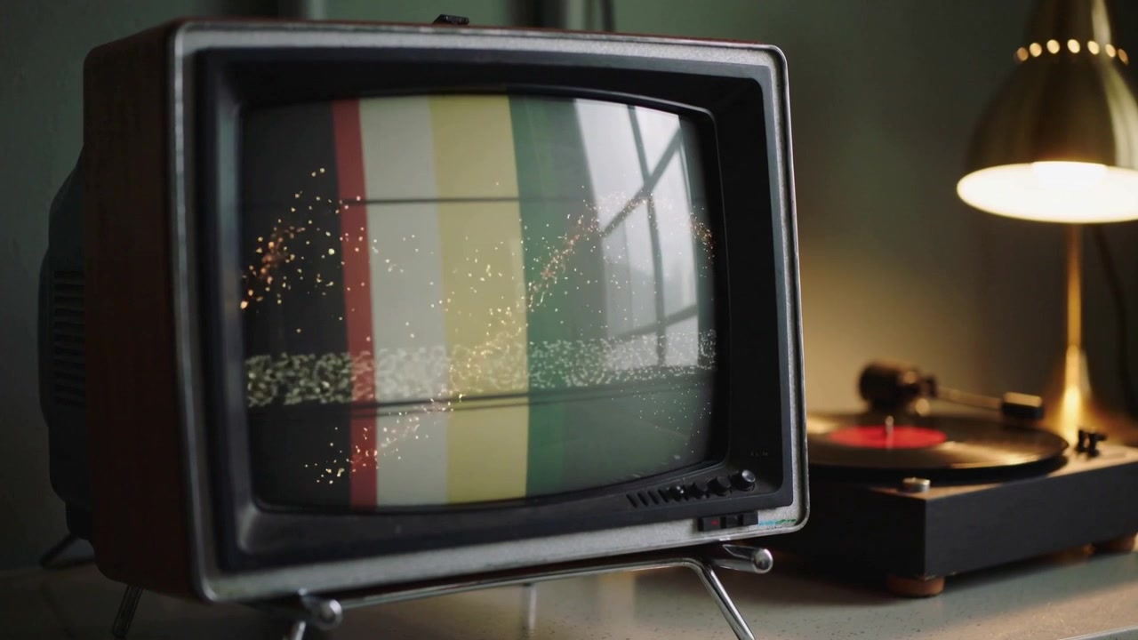 TV CRT retrò che si accende, mostrando barre colore e scintillii in movimento su una console con lampada a giradischi
