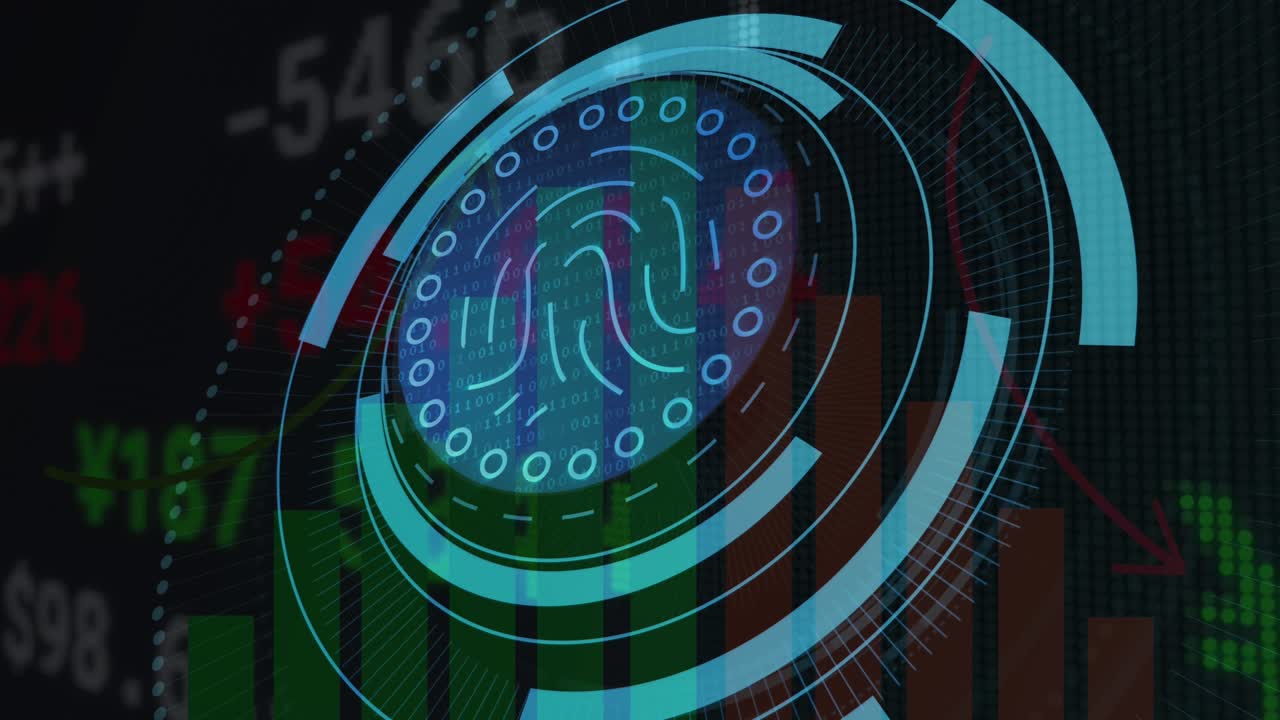 Animation of clock scope scanning over financial data processing on black background