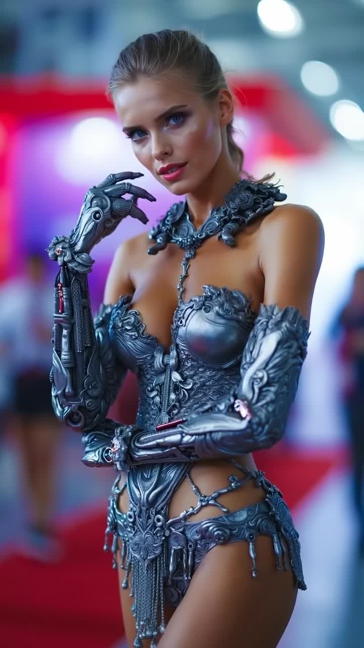 Bellissima cyborg femminile in un'intricata armatura di metallo argentato in posa all'Expo