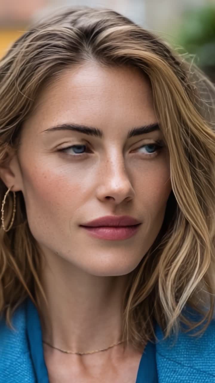 Affascinante ritratto ravvicinato di una donna sicura di sé che mette in mostra la bellezza naturale e i lineamenti radiosi in un ambiente esterno