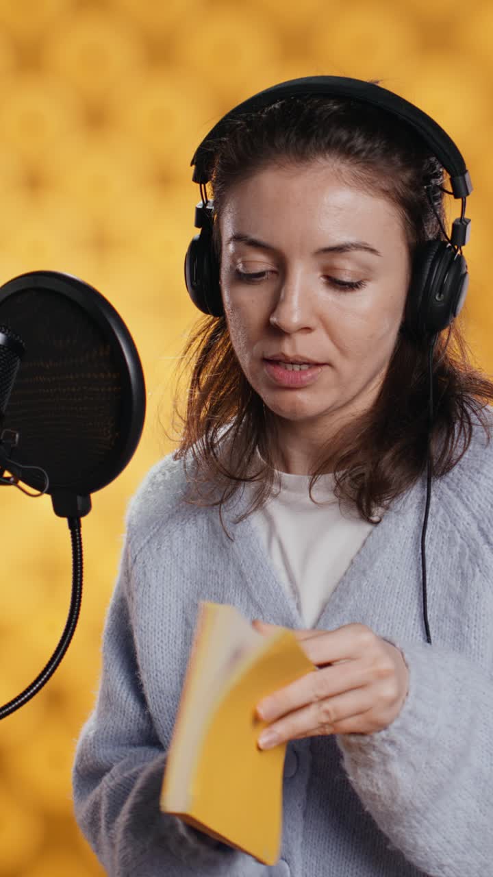 Donna che legge un libro al microfono con le cuffie