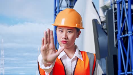 close up of asian female engineer with safety helmet disapproving with no hand sign while standing with space shuttle