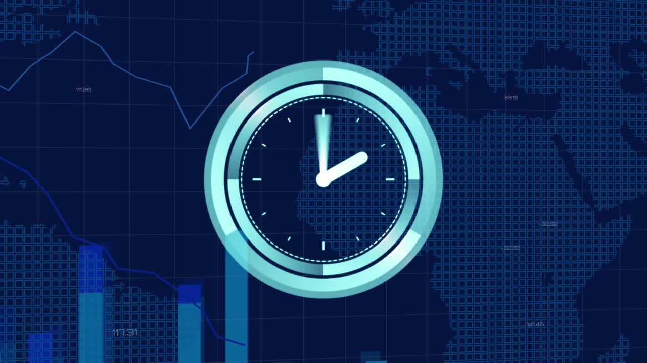 Digital clock icon statistical data processing against world map ...