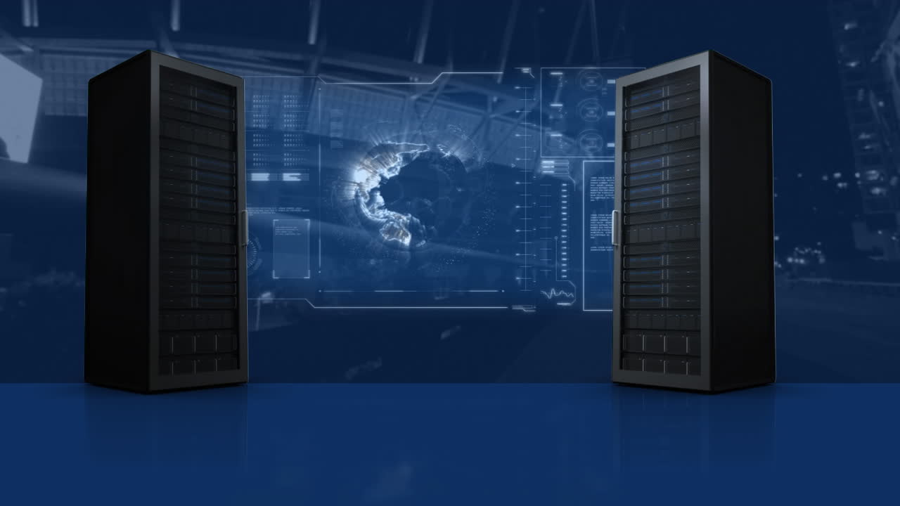 Animation of servers and globe over cityscape