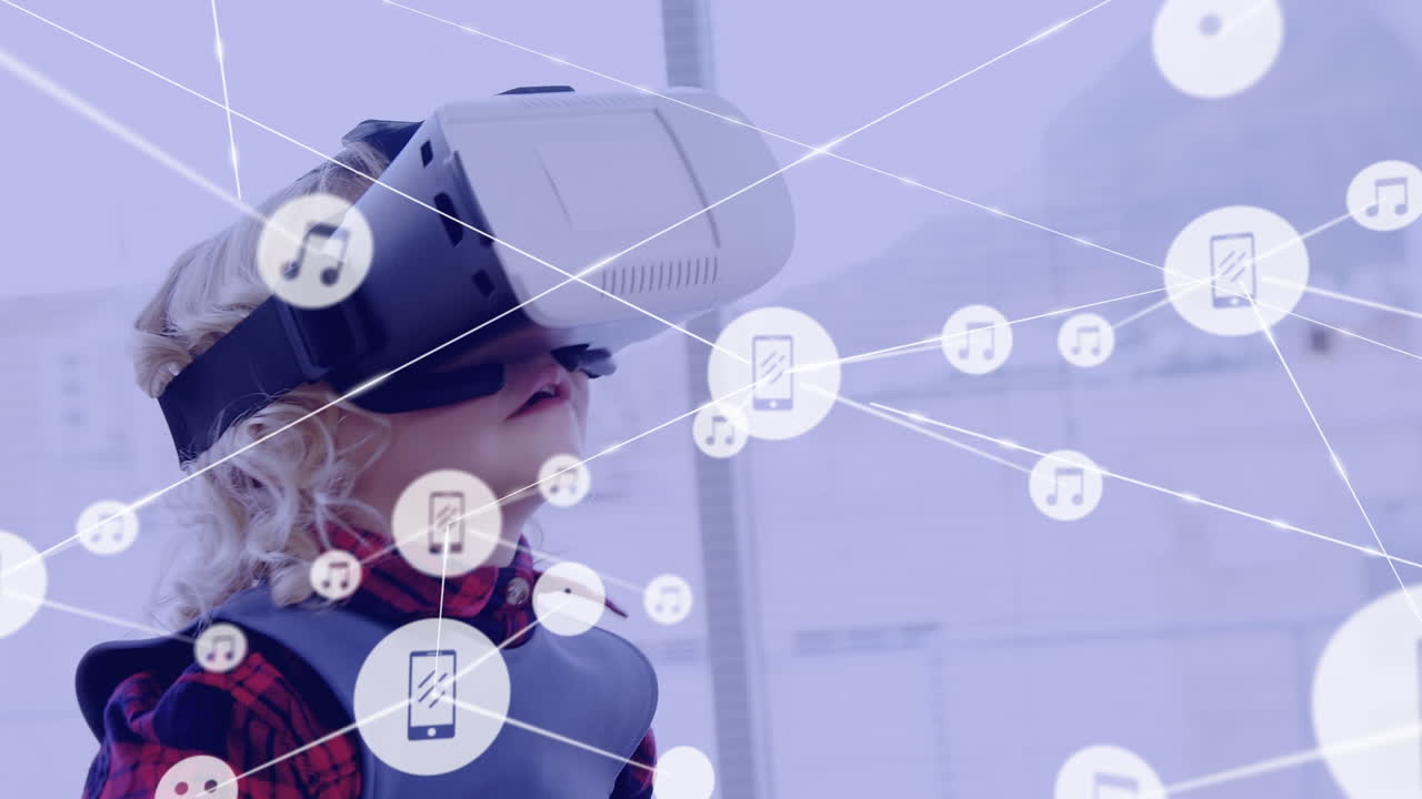 Animation of network of connections with icons over caucasian boy using vr headset
