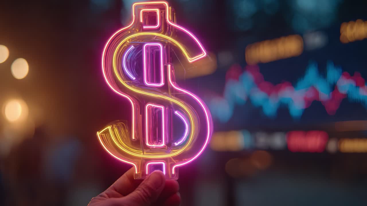 Simbolo del dollaro illuminato con bagliore al neon colorato su grafici finanziari digitali che rappresentano le tendenze economiche e di investimento in un ambiente dinamico.