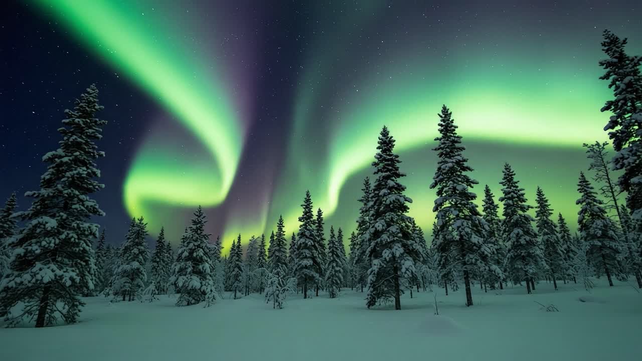 Majestic Aurora Borealis Dancing Over Snow-Covered Pines: A Celestial Display of Colors Illuminating the Night Sky in a Winter Wonderland