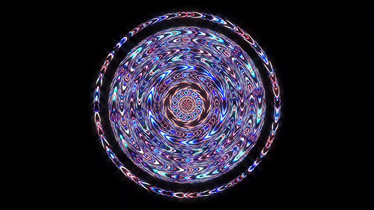 forma redonda animada de luces intermitentes multicolores, sobre un fondo negro