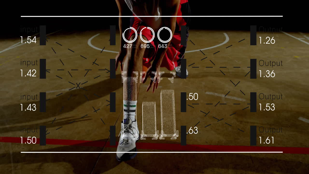 Basketball player bending over court with data processing animation overlay