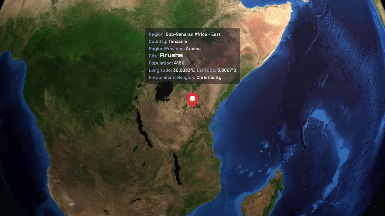 Animated Earth Globe Zooms to Arusha, Tanzania with City Information