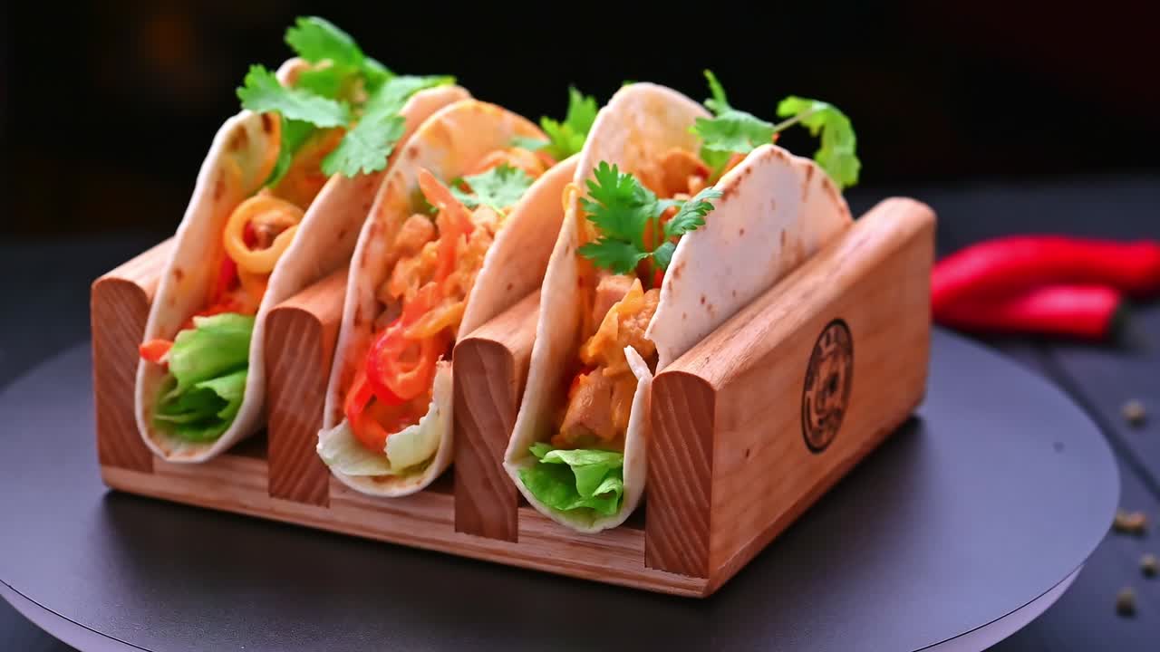 Tacos serveret i en træholder med friske grøntsager og urter. Adskillige tacos præsenteres i en træholder med salat, tomater og koriander.