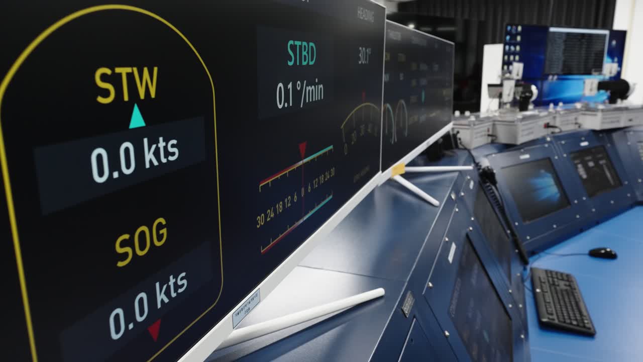 Modern ship bridge simulator at the Korean Maritime and Ocean University, with computer monitors displaying nautical navigation data for student training