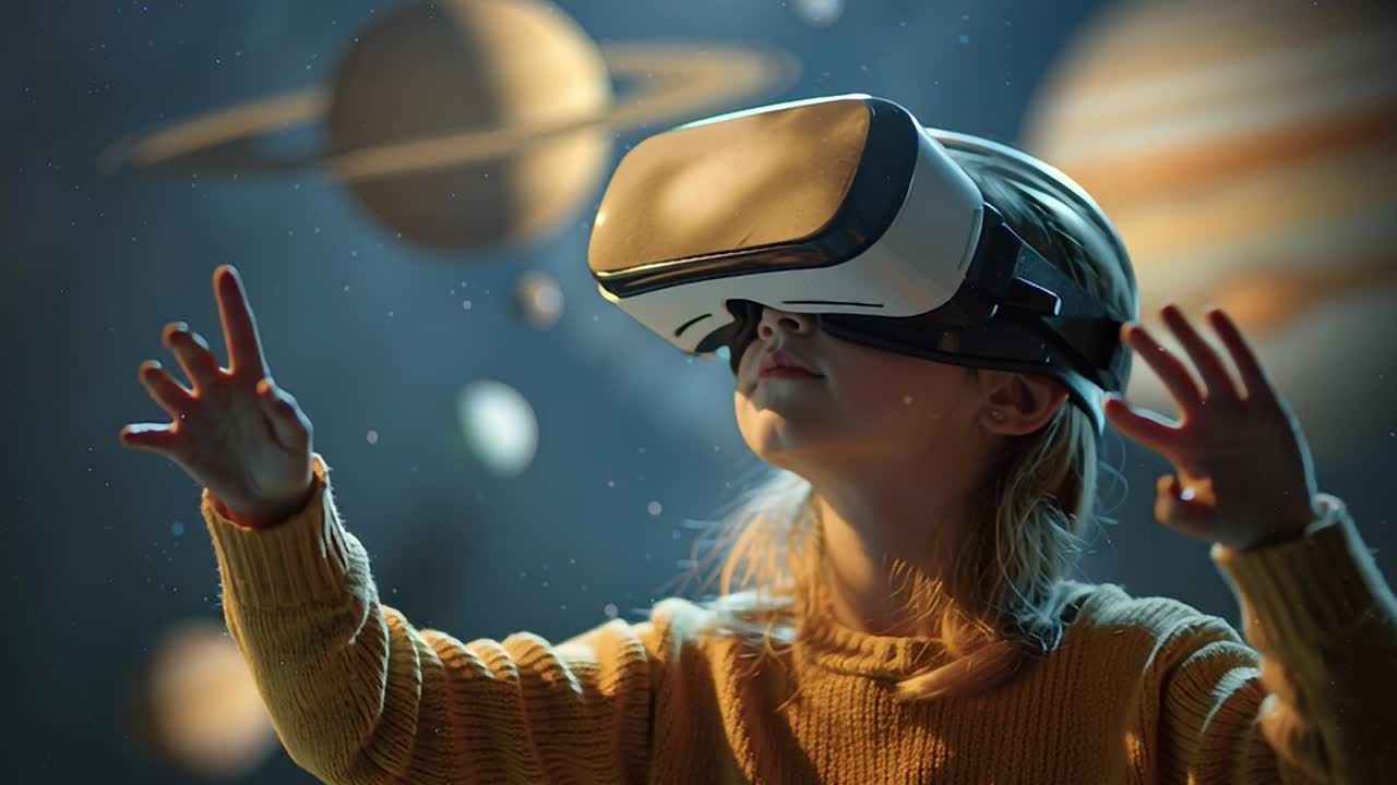 Bambino che interagisce con la realtà virtuale in un ambiente cosmico