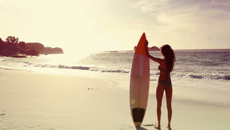 una morena feliz con una tabla de surf
