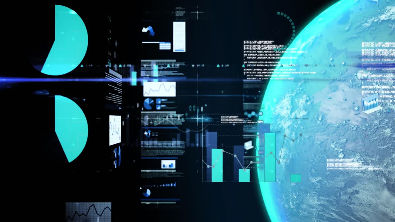 animación de gráficos, datos y globo sobre fondo negro