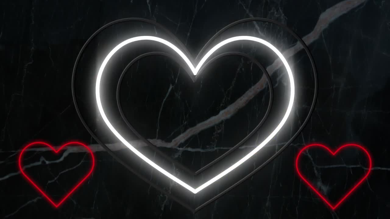 노란색과  ⁇ 색의 동심 및 작은 빨간색 네온 심장이 어두운 벽에  ⁇ 박이는 애니메이션