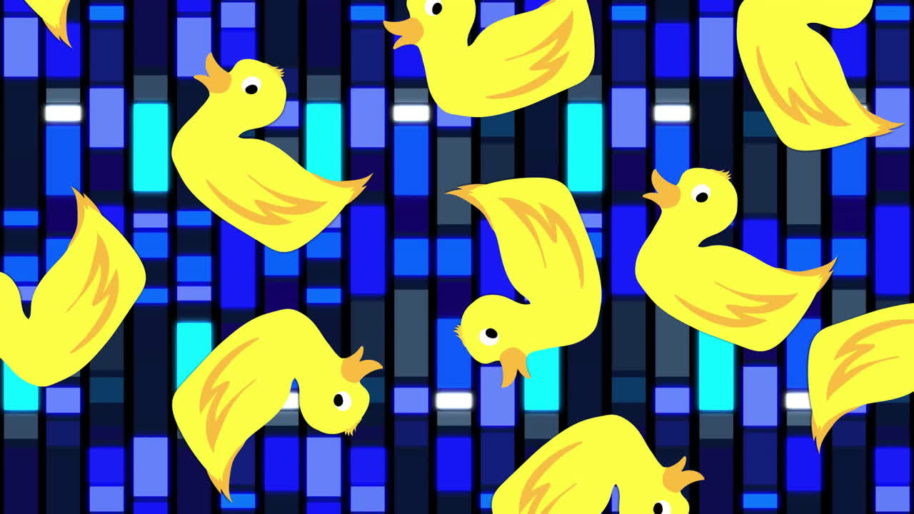 Yellow ducks animation over blue and black geometric pattern background