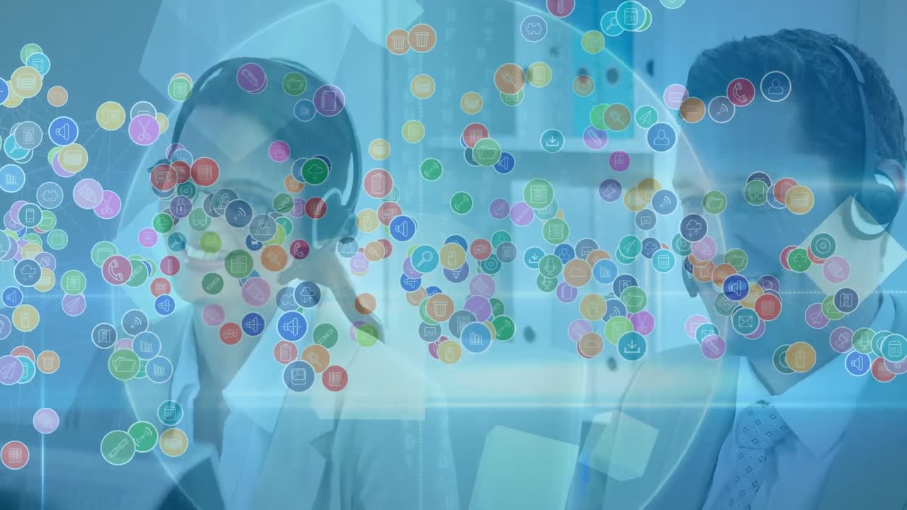 전화 헤드 ⁇ 을 사용하는 비즈니스 사람들에 대한 아이콘과 연결 네트워크의 애니메이션