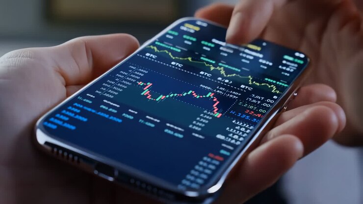 Un primo piano di mani che tengono uno smartphone che mostra grafici del mercato finanziario e dati sulle criptovalute