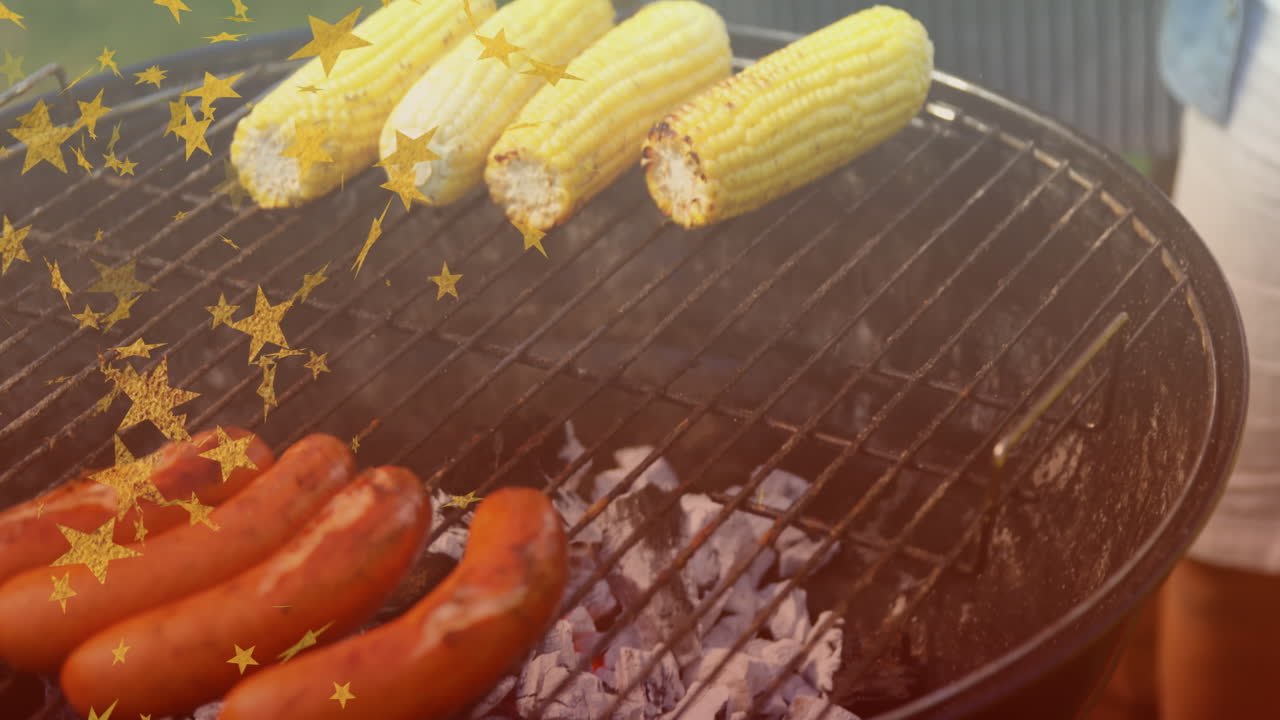 bbq를 하는 백인 남성 위의 별들의 애니메이션